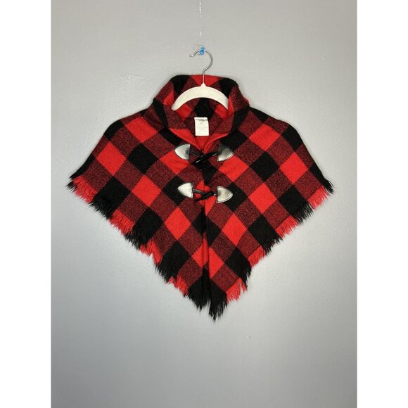 Buffalo Plaid Shawl Poncho Girls 4T Red Black Toggle Cape Christmas Cute Photo - Picture 7 of 9